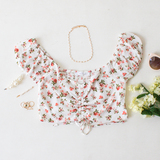 -White Color
-Pink Floral Pattern
-Smocked Elastic Back
-Ruched in Front
-Front Rushing is Adjustable
-Short Puff Sleeves (Elastic)
-Sweetheart Neckline
-Crop Top
Materials:
100% Rayon
WN8536 CROP RSTF