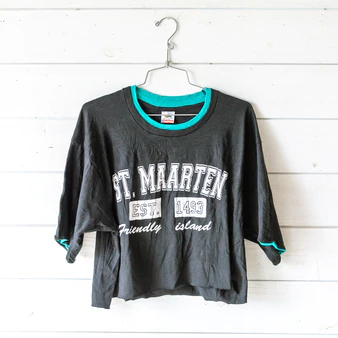 -St. Maarten Logo
-Crew neck
-Short Sleeve
-Black with Teal underlining
-Cropped
Size: Large
Material: 100% Cotton
Clothing Measurements
Bust: 21"
Length: 18"
Sleeve Length: 9"